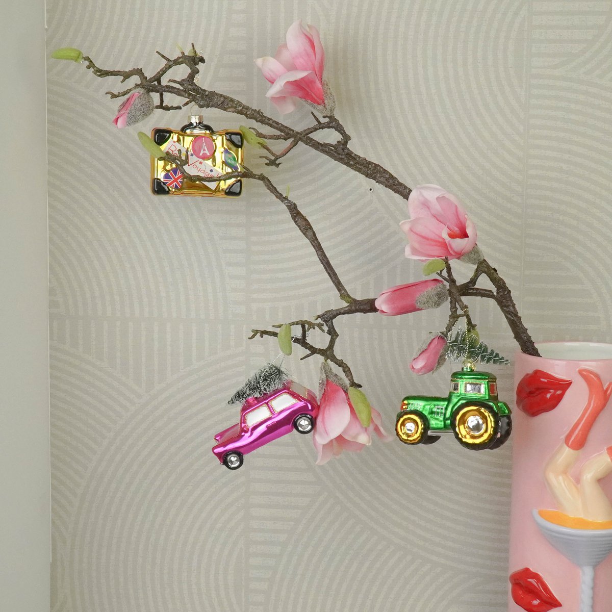 Ornament - Kersthanger - Roze Auto/Kerstboom 10x5x7cm
