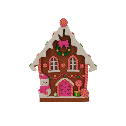 LED - Candy House - Polyresin - Bruin/Roze - 8,5x13x23,5 cm