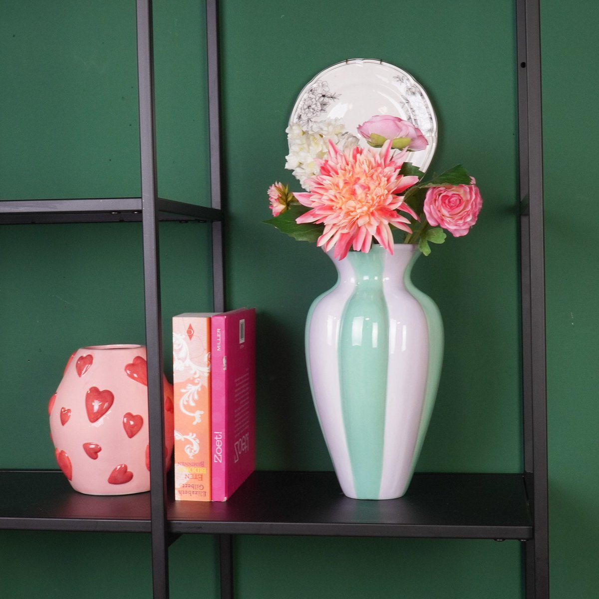 Flower Vase-geplooide vase-ceramic-lilac/ groen- 16,5x16,5x29,5 cm