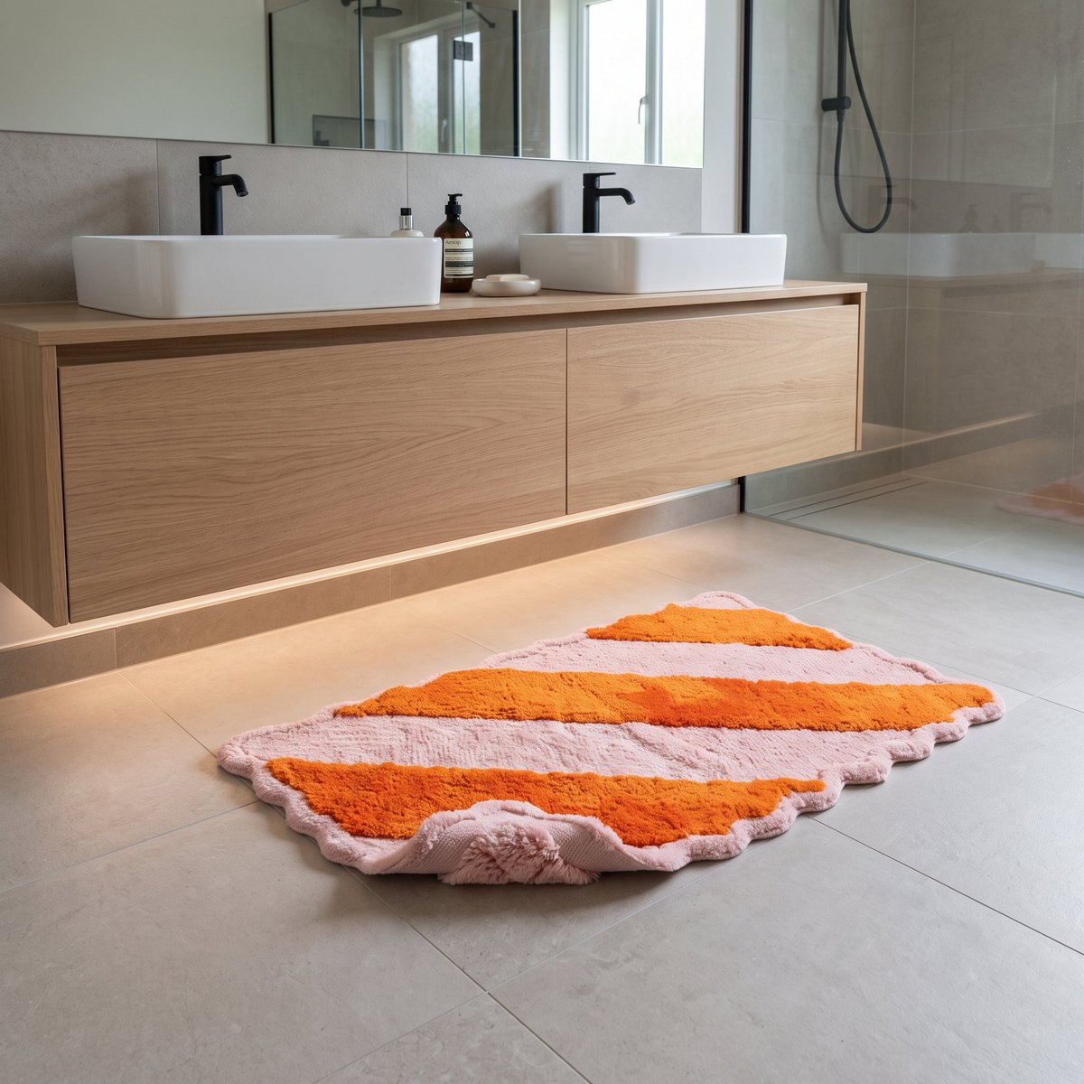 Badmat - Gestreept - Lichtroze/oranje - 80x50x1 cm