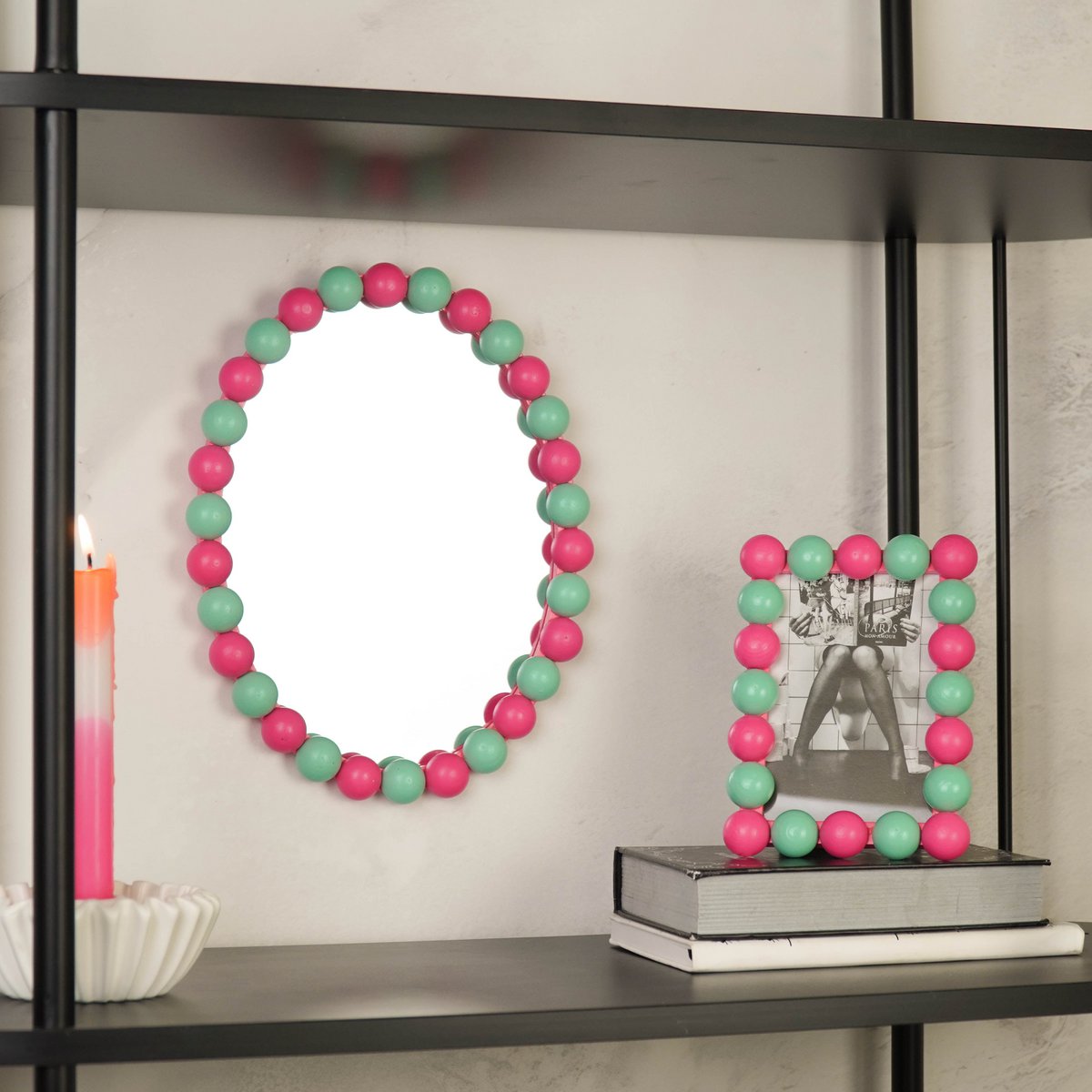 Spiegel - Ovaal - Bubbels - Neon Roze/Mint - 29x22,5cm