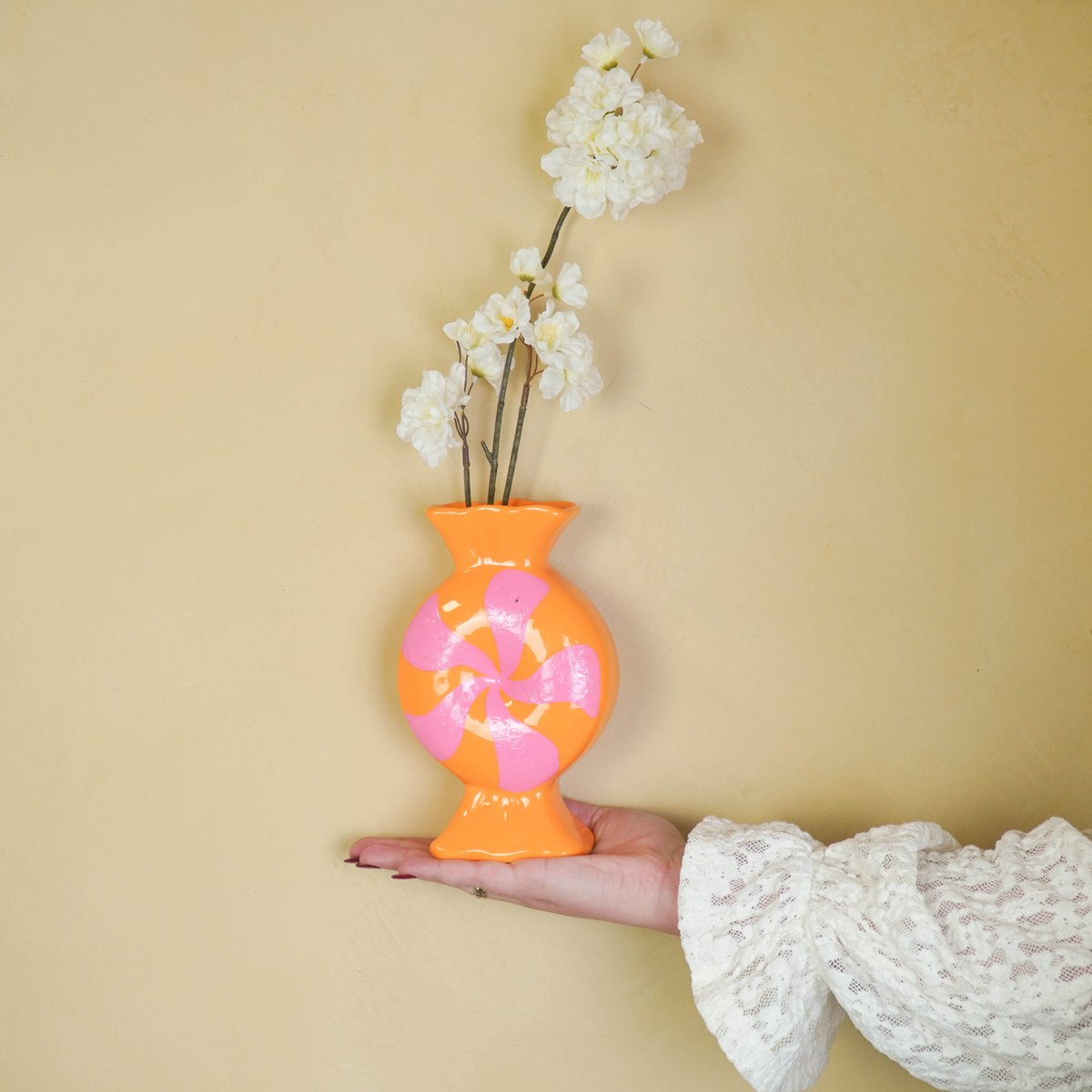 Flower Vase- toffee snoep-ceramic-roze/ oranje -12x6,5x20cm