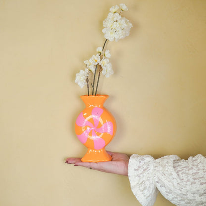 Flower Vase- toffee snoep-ceramic-roze/ oranje -12x6,5x20cm