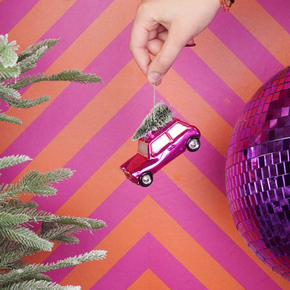 Ornament - Kersthanger - Roze Auto/Kerstboom 10x5x7cm