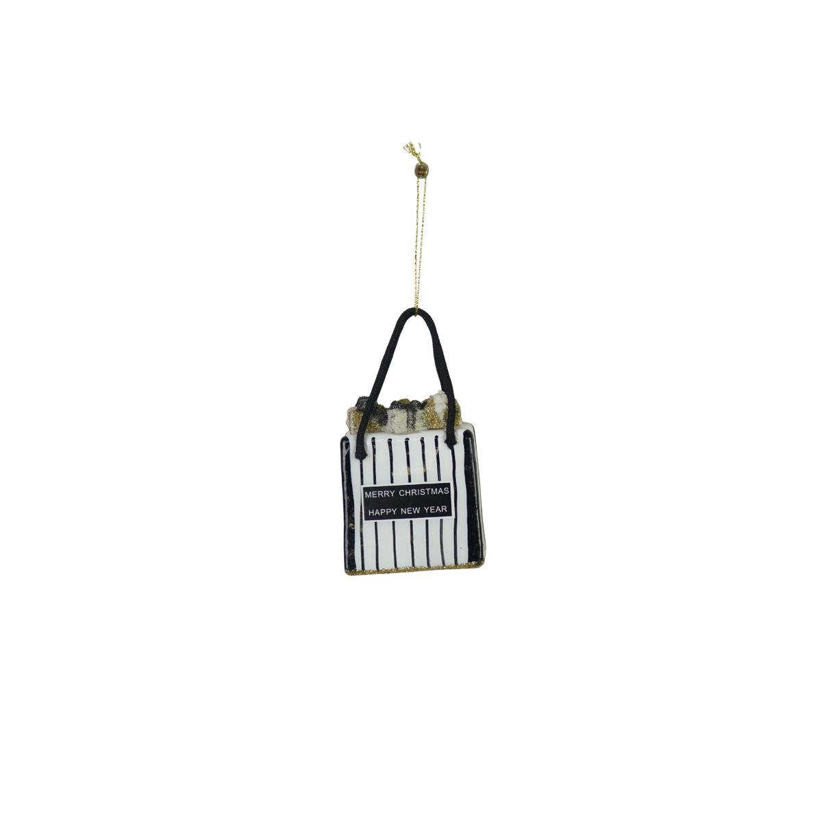 Kersthanger - Boodschappentas - Zwart/Wit/Goud - 7x4x8,5cm