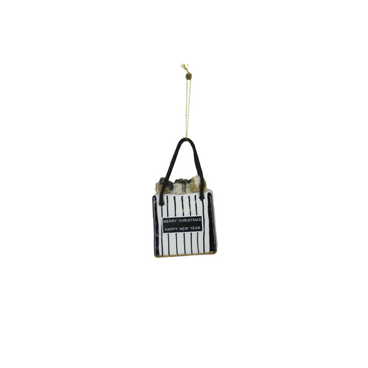 Kersthanger - Boodschappentas - Zwart/Wit/Goud - 7x4x8,5cm