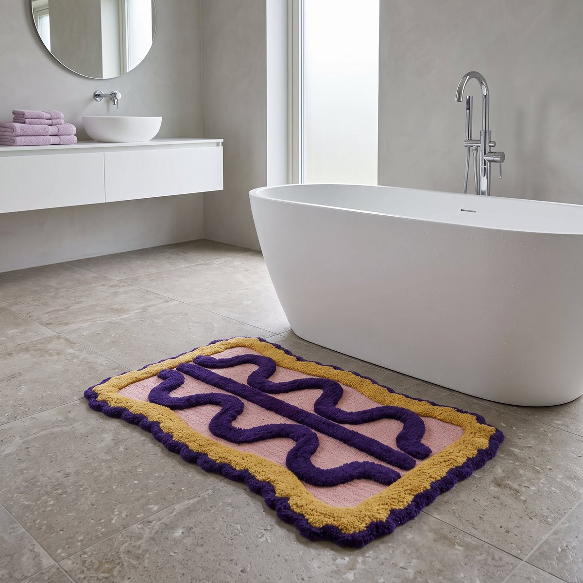 Badmat - Life Flow - Lichtroze/ Blauw/ Geel - 80x50x1 cm