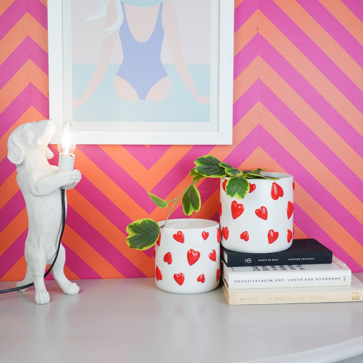 Pot - Bloempot - Hartjes - Wit/Rood - 15,5x15,5x16cm