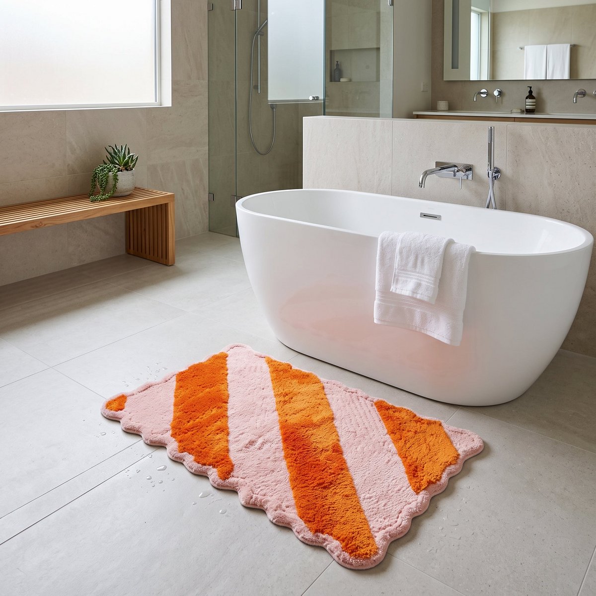 Badmat - Gestreept - Lichtroze/oranje - 80x50x1 cm
